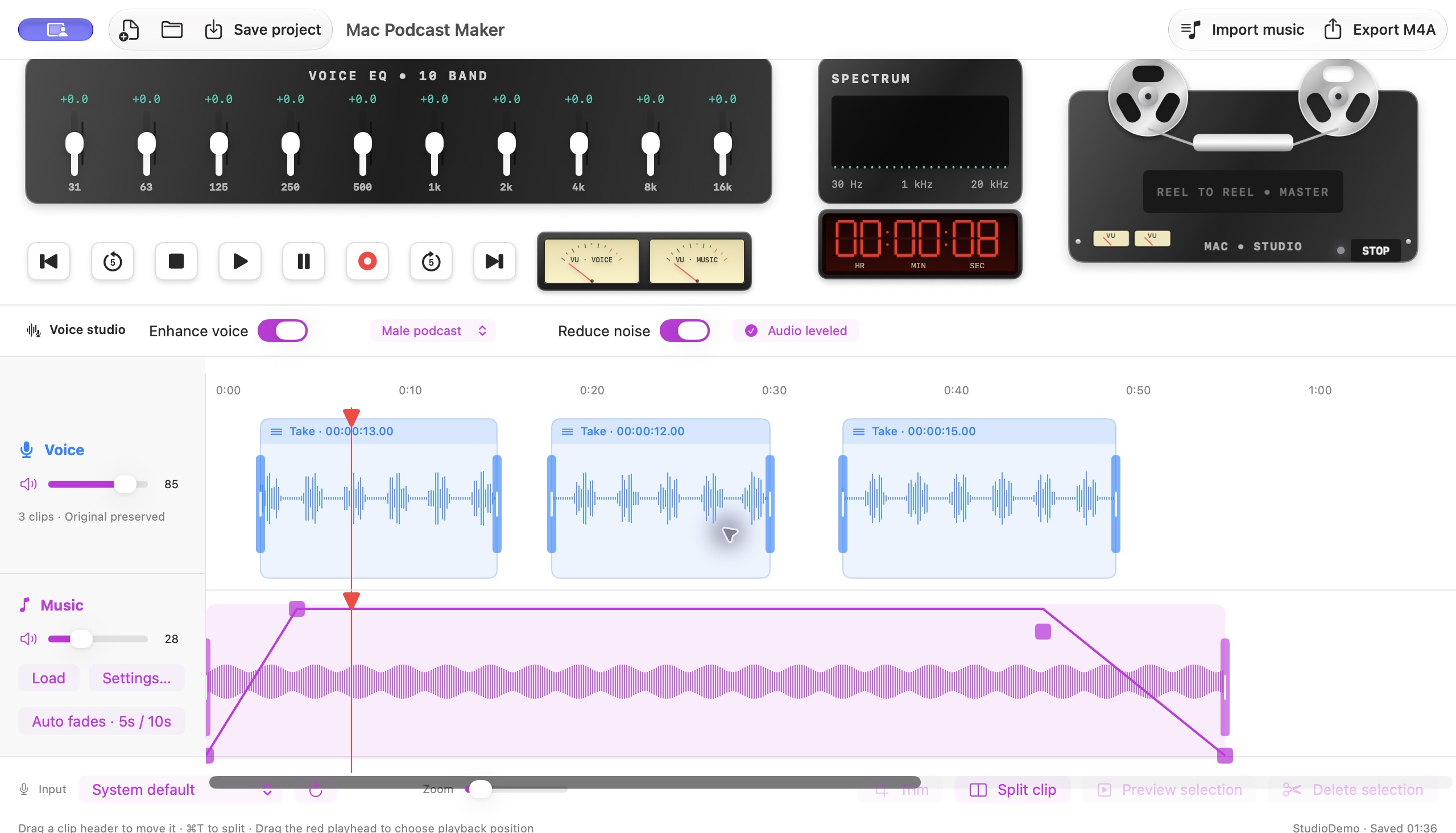 Real English app interface with ten-band EQ, VU meters, voice clips and music fades